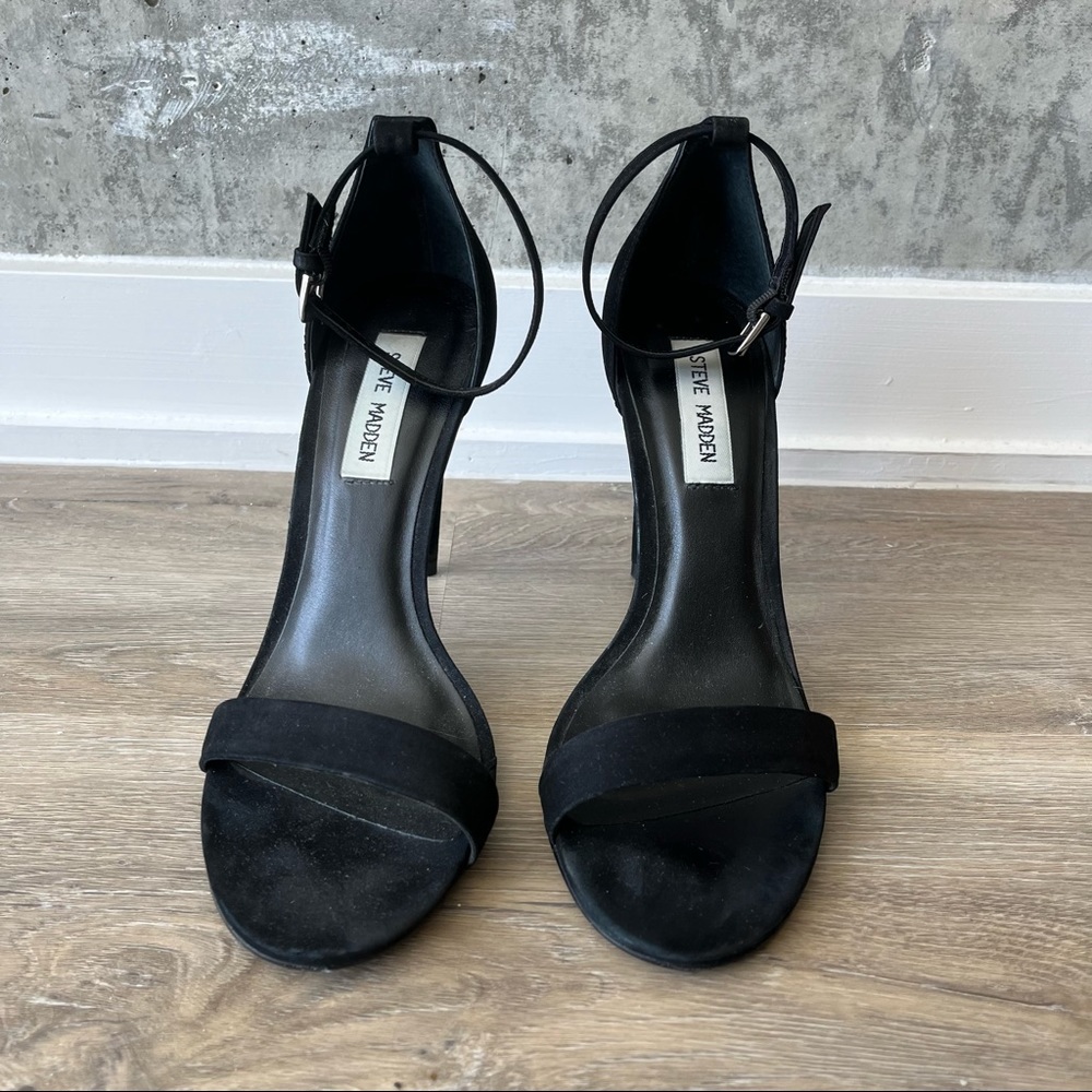 Classic black suede open toe heels approx 4 inch heel, in great shape